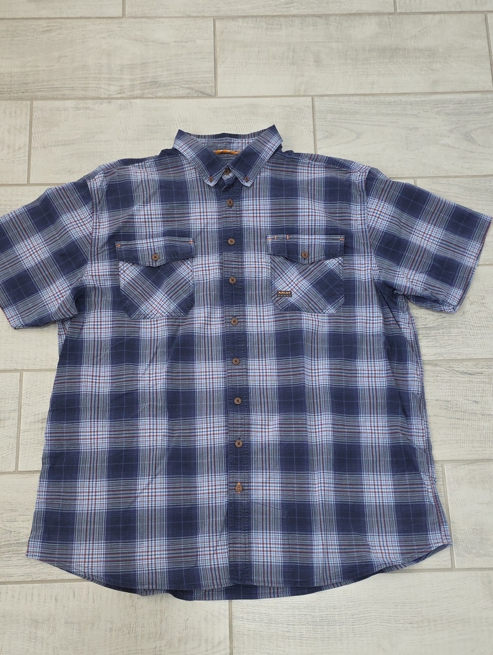 Ariat Rebar Blue/Orange  Plaid Men's Size 2XL Tall Short Sleeve Button-Up